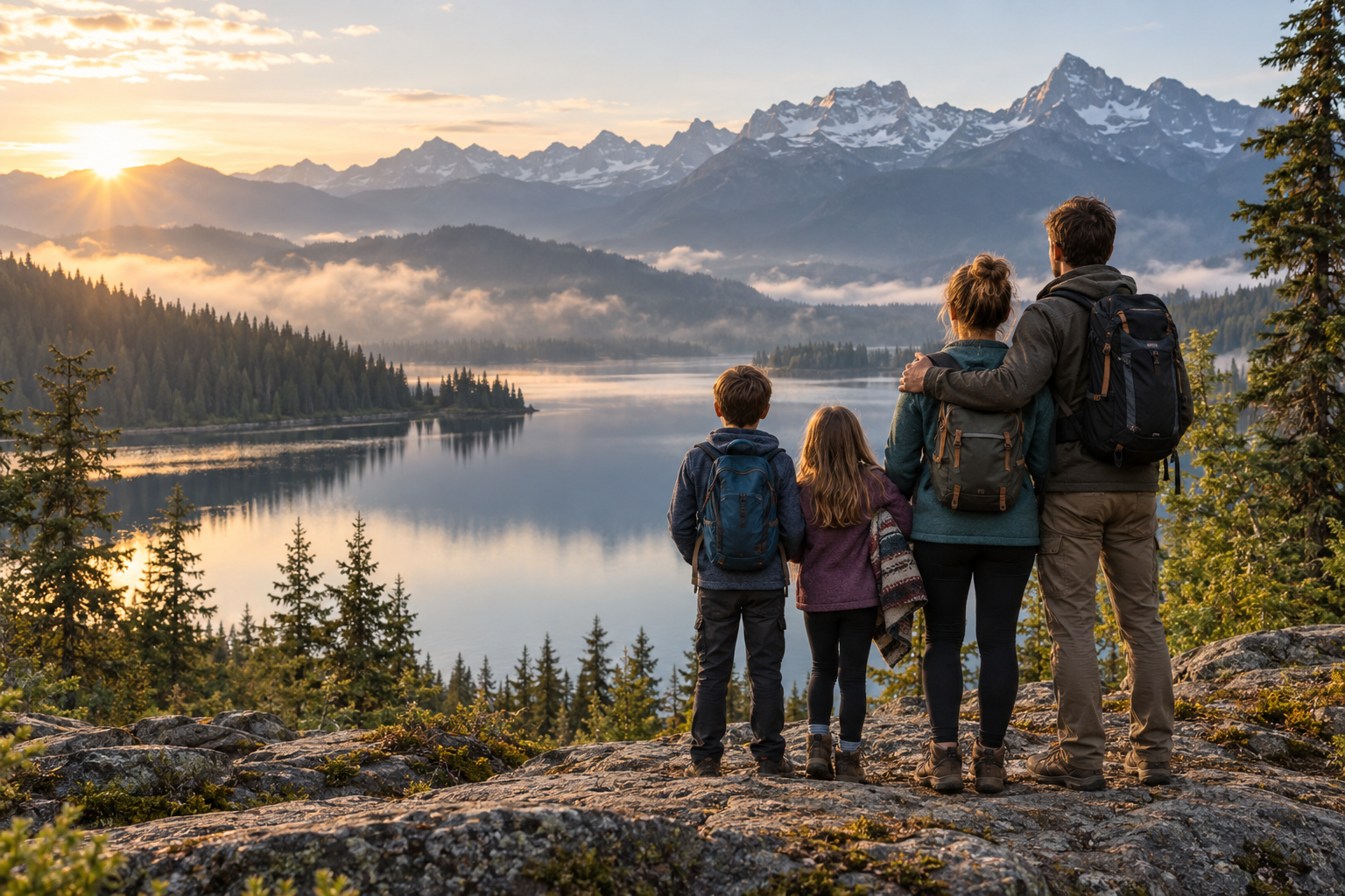 Eine Familie blickt gemeinsam auf die Berge und Seen Kanadas